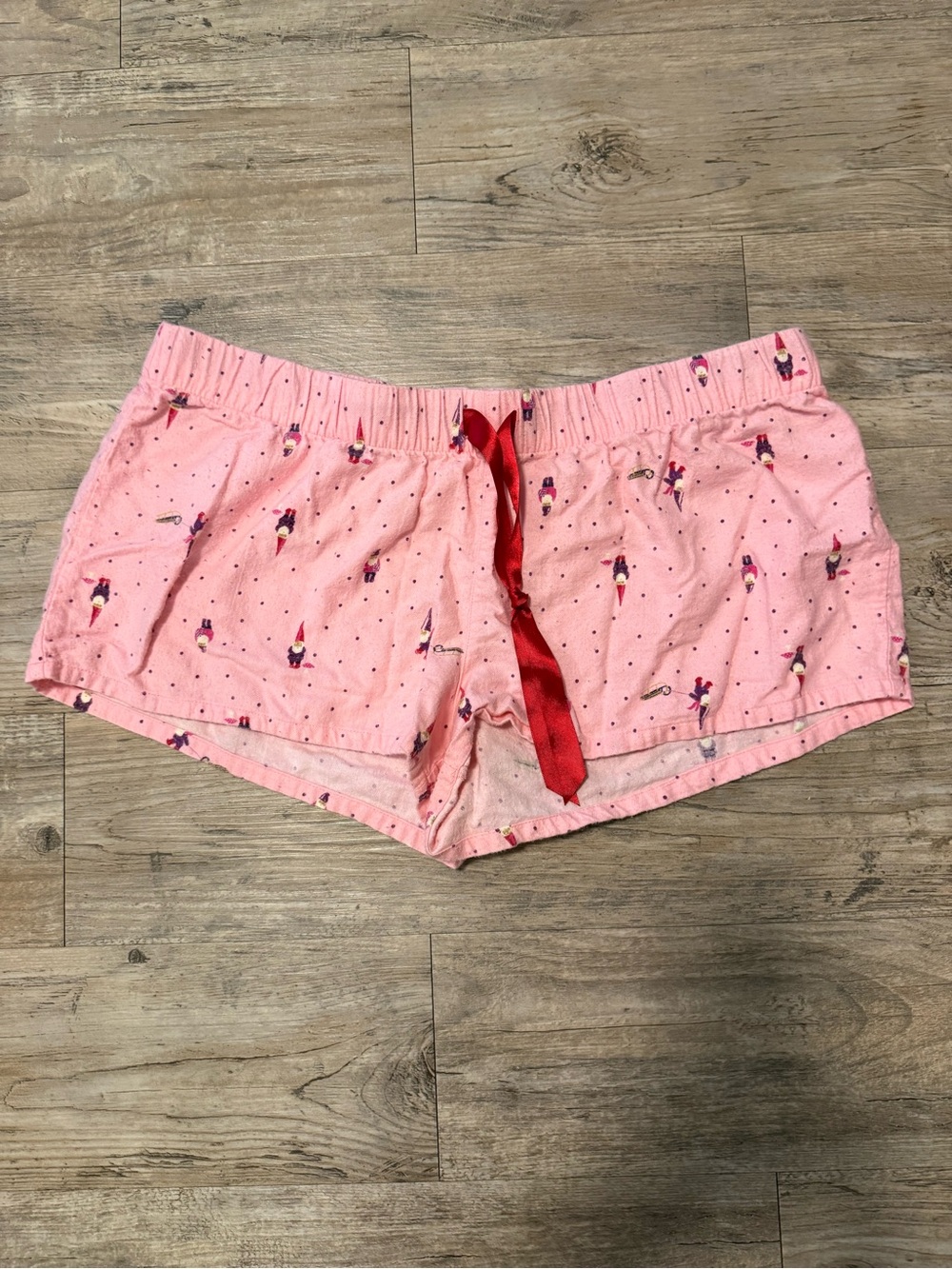 Pink Printed Women's Winter Gnome Sleep Shorts with Red Drawstring